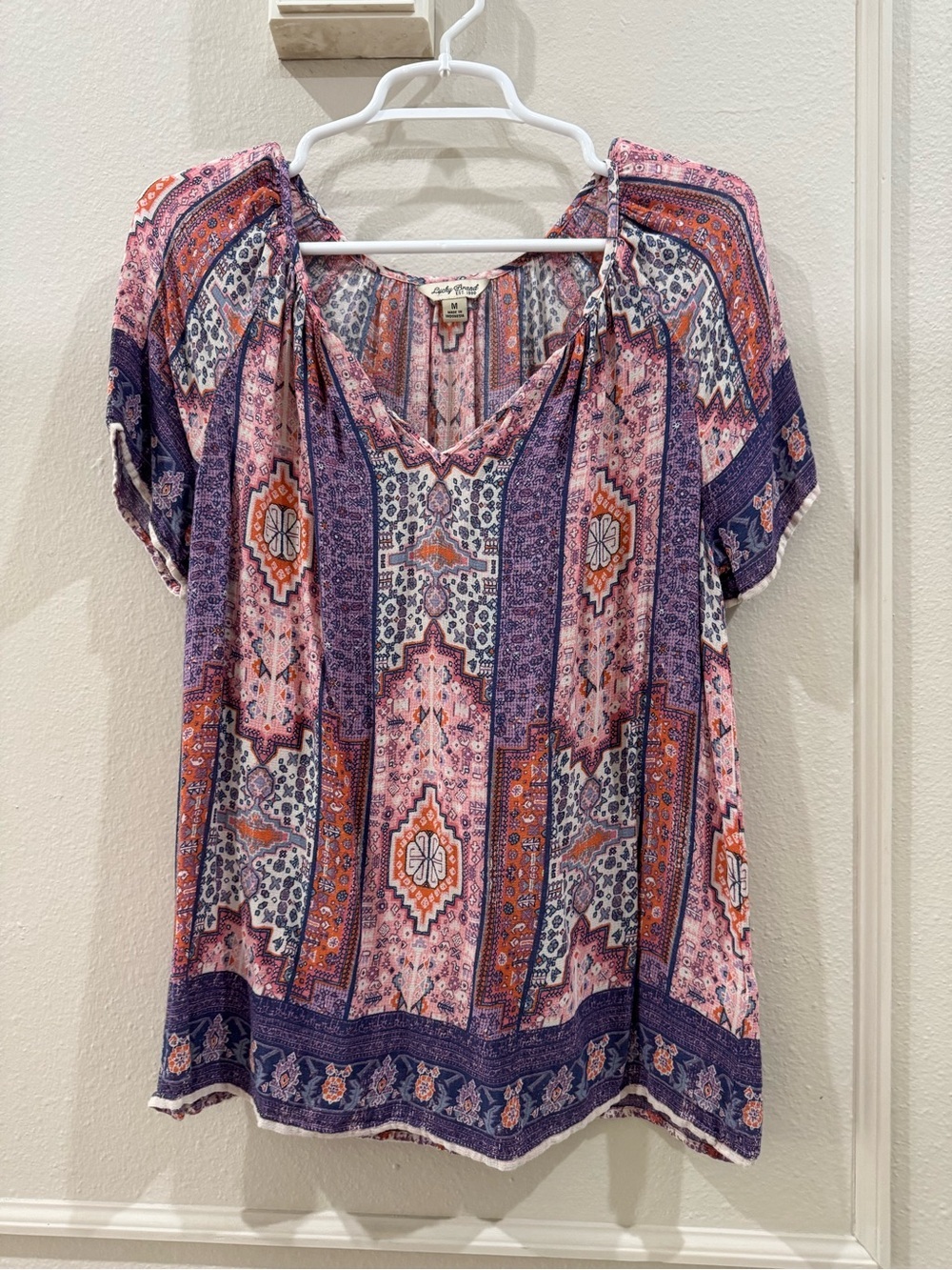 Lucky Brand lightweight western pink and purple short sleeve blouse size M
